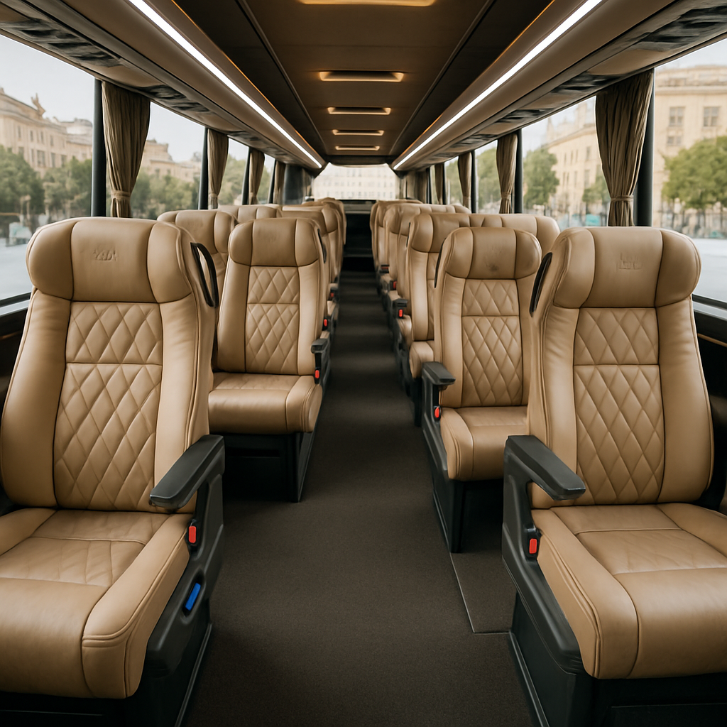 A luxury coach interior showing plush seating, USB charging ports, and spacious legroom on a corporate trip in Madrid. Alt: Corporate event coach hire Madrid with advanced amenities and luxury seating.