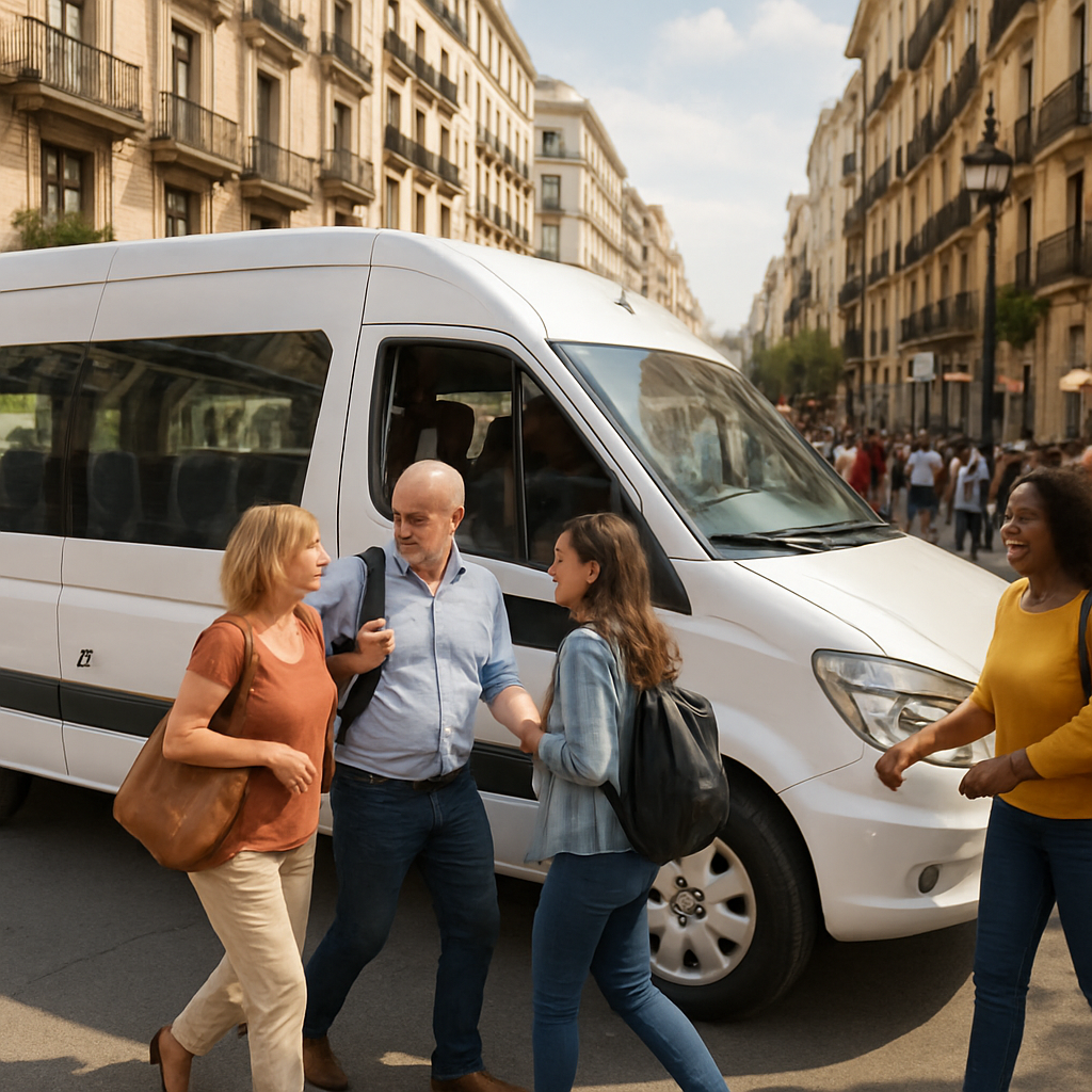 A comfortable 16-seat minibus parked in a bustling Madrid street with happy passengers boarding; Alt: Minibus rental with 16 seats in Madrid providing comfortable group transport.