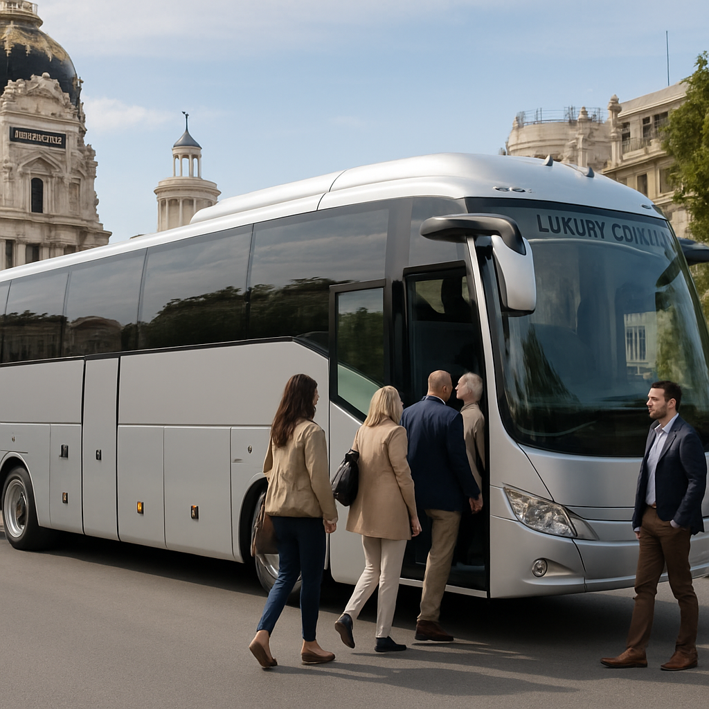 A modern luxury coach parked near Madrid’s historic city center with passengers boarding comfortably. Alt: Bus hire Madrid luxury coach with passengers near Madrid landmarks.