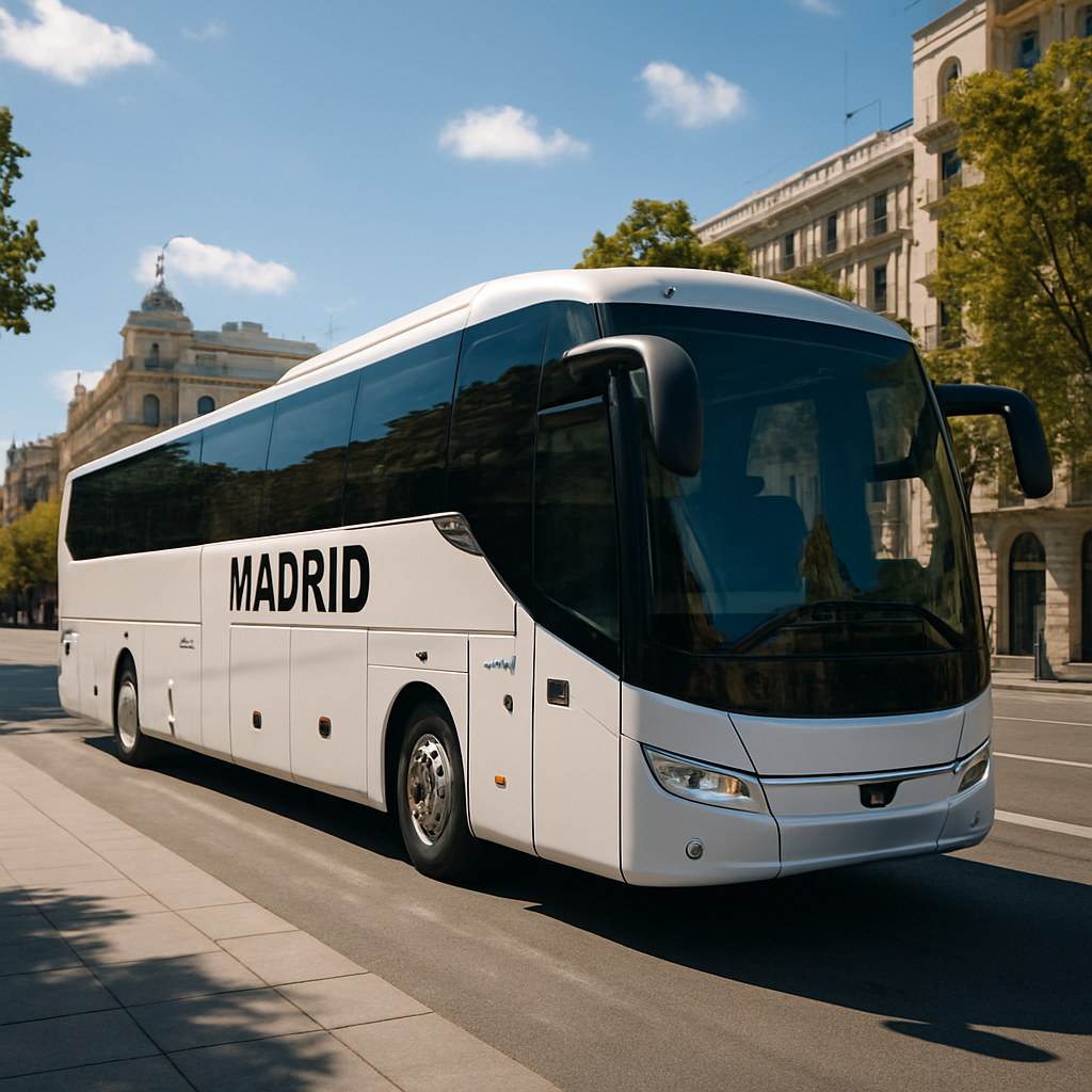A sleek, modern charter bus ready for group travel in Madrid at a sunny city street. Alt: Charter bus Madrid luxury and comfort for group travel.