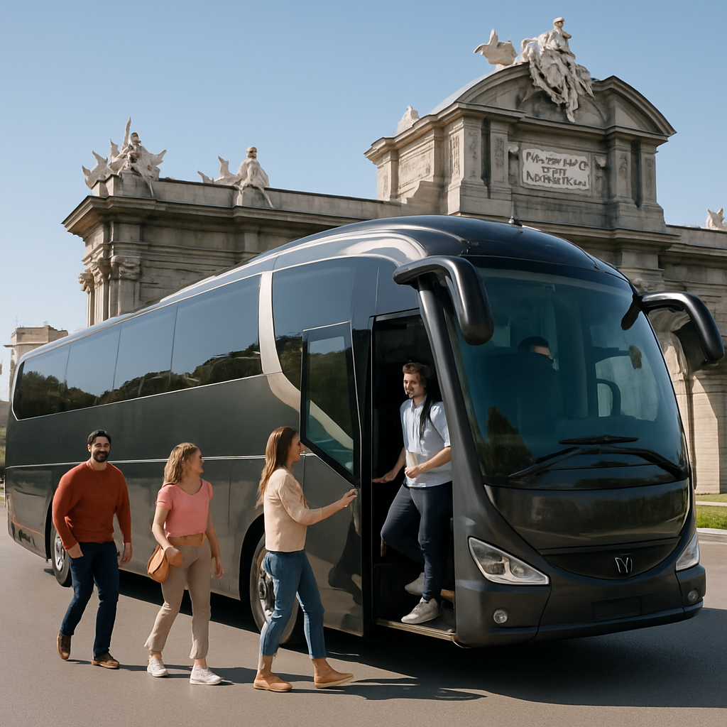 A sleek luxury coach parked at a Madrid city landmark with happy passengers boarding. Alt: Coach hire in Madrid luxury vehicle with passengers enjoying group transport.