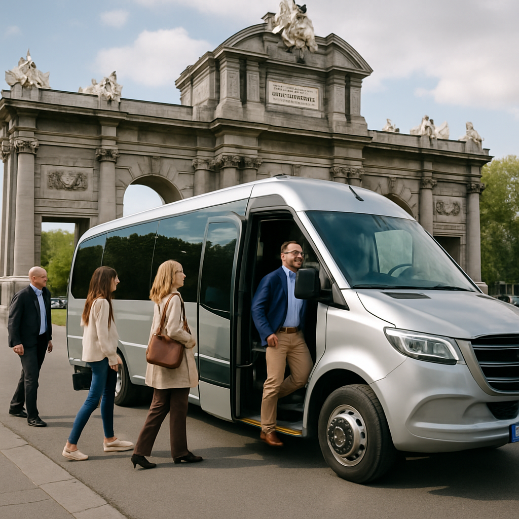 A luxury minibus parked in front of a historic Madrid landmark with passengers boarding comfortably. Alt: Minibus hire Madrid for comfortable group travel services near Madrid landmarks.