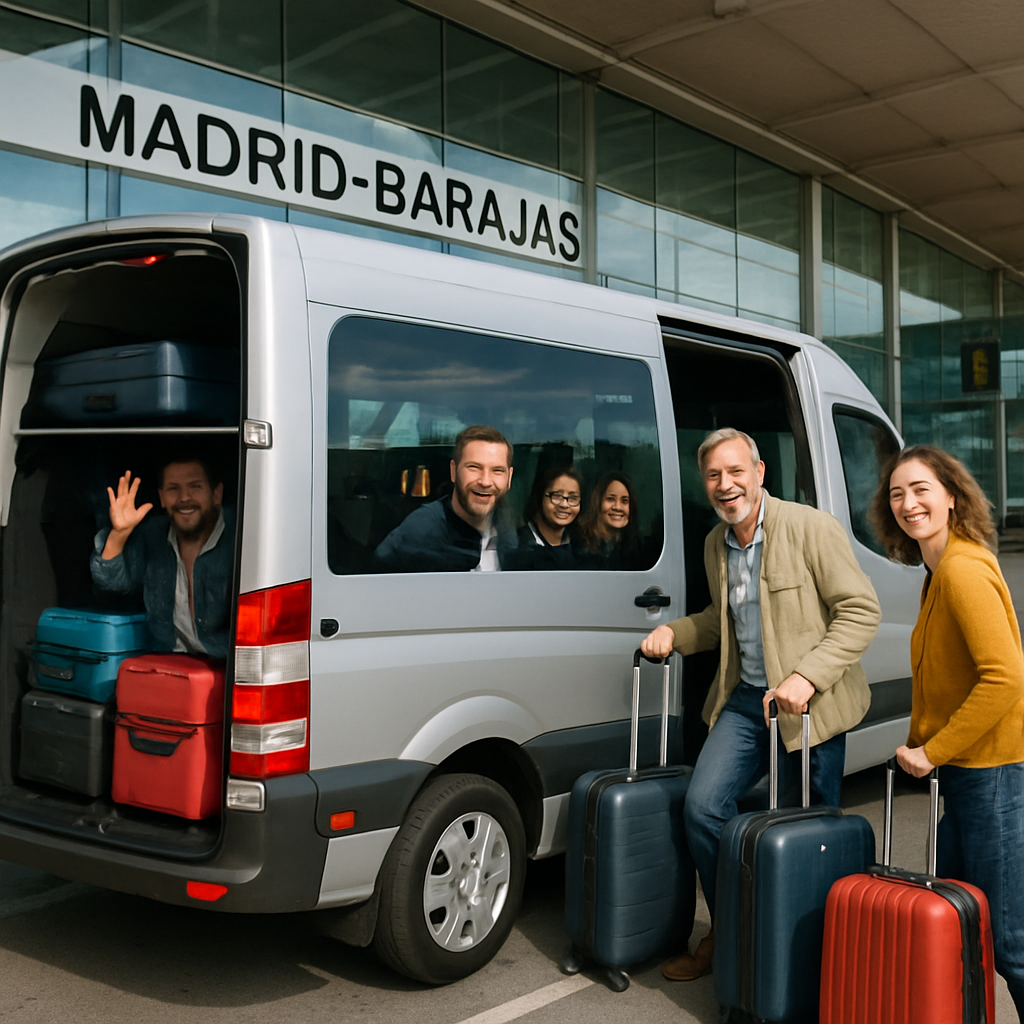 A cheerful group boarding a comfortable minibus at Madrid-Barajas Airport with luggage neatly stowed. Alt: Minibus hire Madrid airport with happy passengers and ample luggage space.