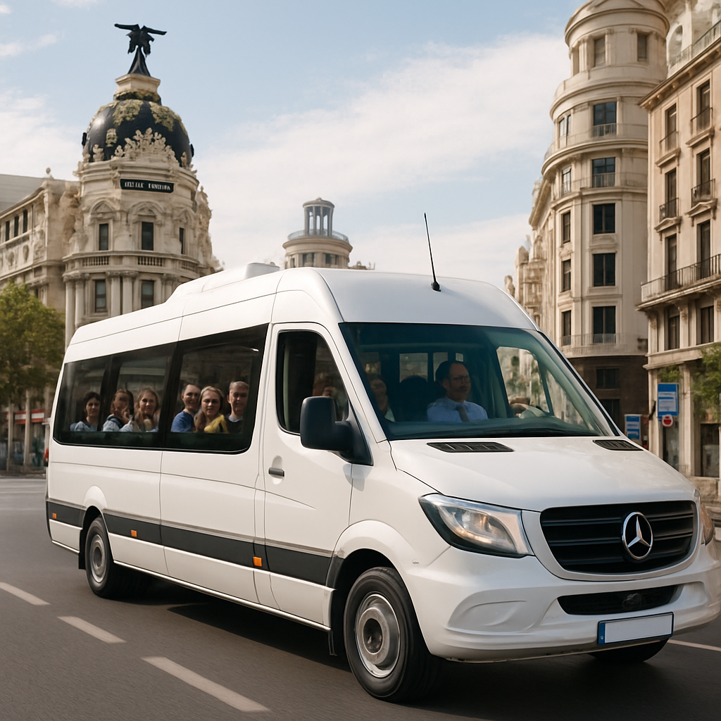 A modern minibus navigating Madrid’s city streets with a happy group of passengers onboard. Alt: Comfortable minibus rental Madrid with driver and airport transfer for group travel.