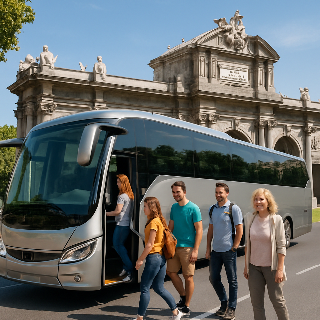 A modern, luxurious bus parked in front of a famous Madrid landmark with happy passengers boarding. Alt: Bus rental Madrid with a modern fleet for comfortable group travel in the city.