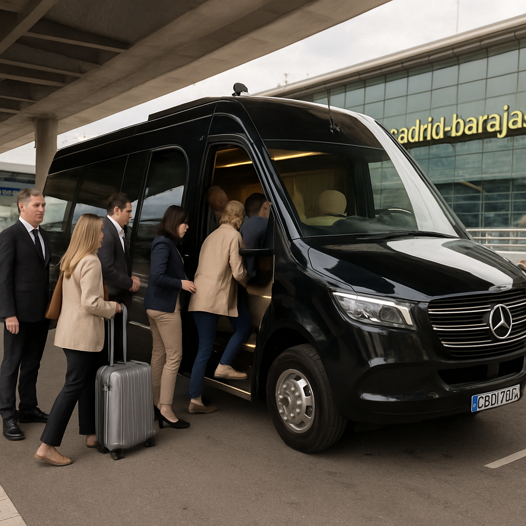 A luxury minibus parked at Madrid Barajas airport with a group of passengers boarding comfortably. Alt: Luxury minibus with driver and group boarding at Madrid Barajas airport for VIP transfer.