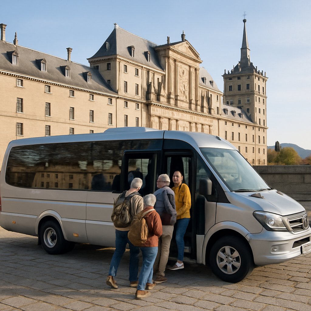 A cozy, modern minibus parked beside the Royal Site of San Lorenzo de El Escorial, with happy travelers boarding. Alt: Minibus parked near El Escorial ready for a day trip from Madrid.