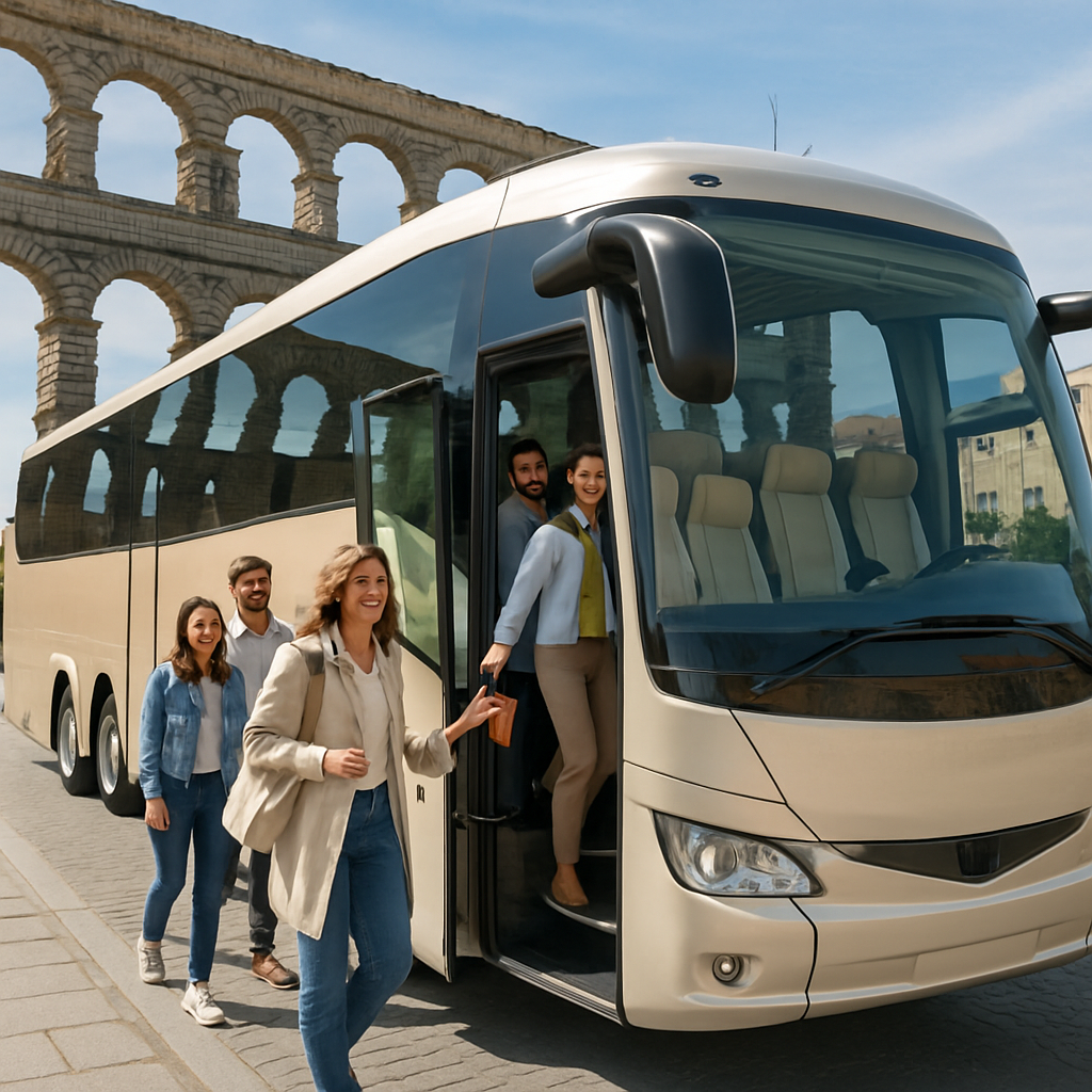 A luxury coach parked near the historic aqueduct of Segovia, with happy passengers boarding, highlighting spacious seating and modern design. Alt: Luxury coach with comfortable seating for Madrid to Segovia guided day trip.