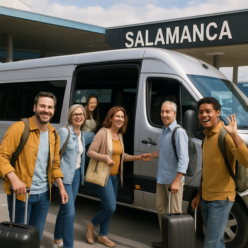 A cheerful group boarding a comfortable minibus at Madrid airport, ready for a day trip to Salamanca. Alt: Salamanca day trip minibus hire from Madrid airport with happy travelers boarding a spacious minibus.