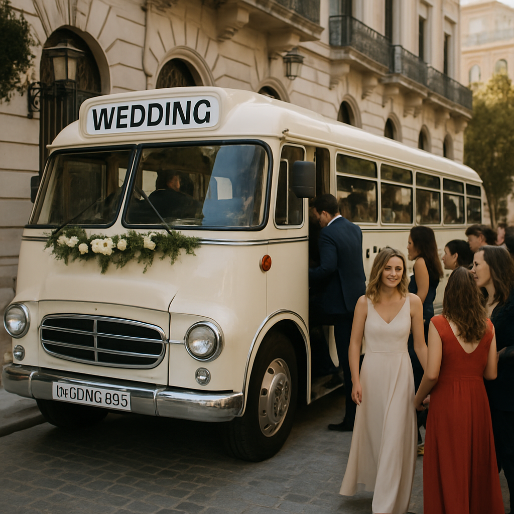 A festive wedding bus parked at a stylish Madrid venue, surrounded by happy guests boarding. Alt: Wedding bus rental Madrid price per person featuring luxury transportation for guest groups.