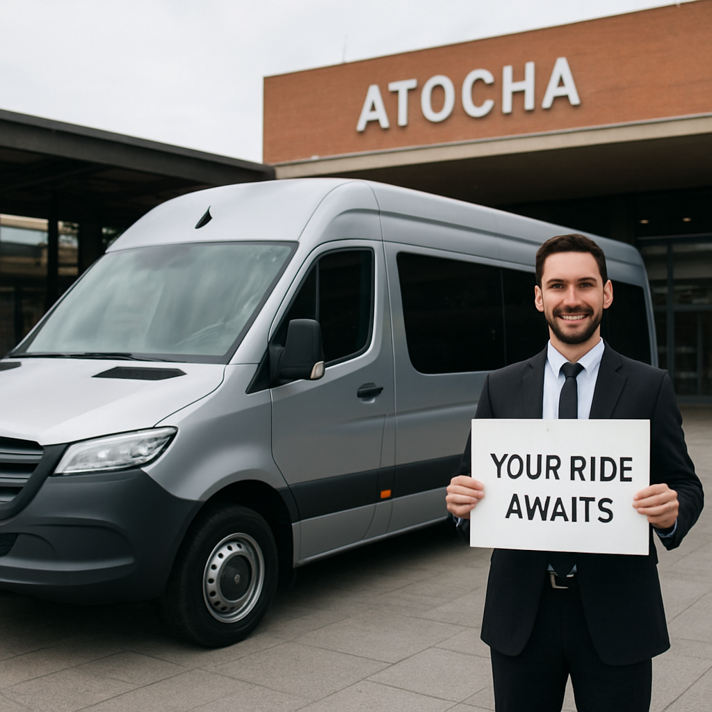 A sleek, modern minibus parked outside Atocha station with a smiling driver holding a sign that says "Your Ride Awaits". Alt: Atocha station to airport minibus transfer Madrid – comfortable door‑to‑door service