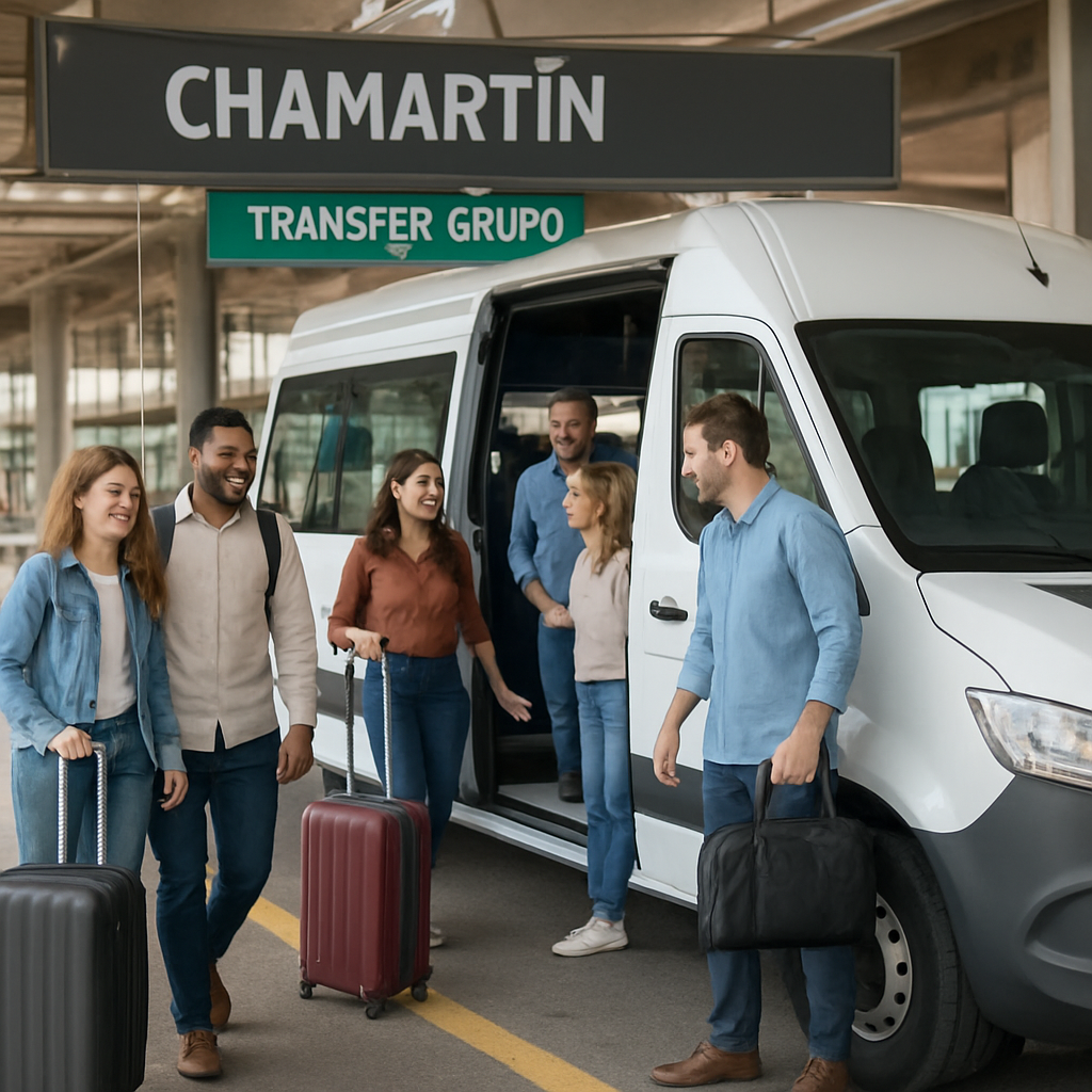 A modern minibus parked at Chamartín station’s group transfer zone, doors open, a diverse group of travelers smiling and loading luggage. Alt: chamartin station group transfer minibus madrid