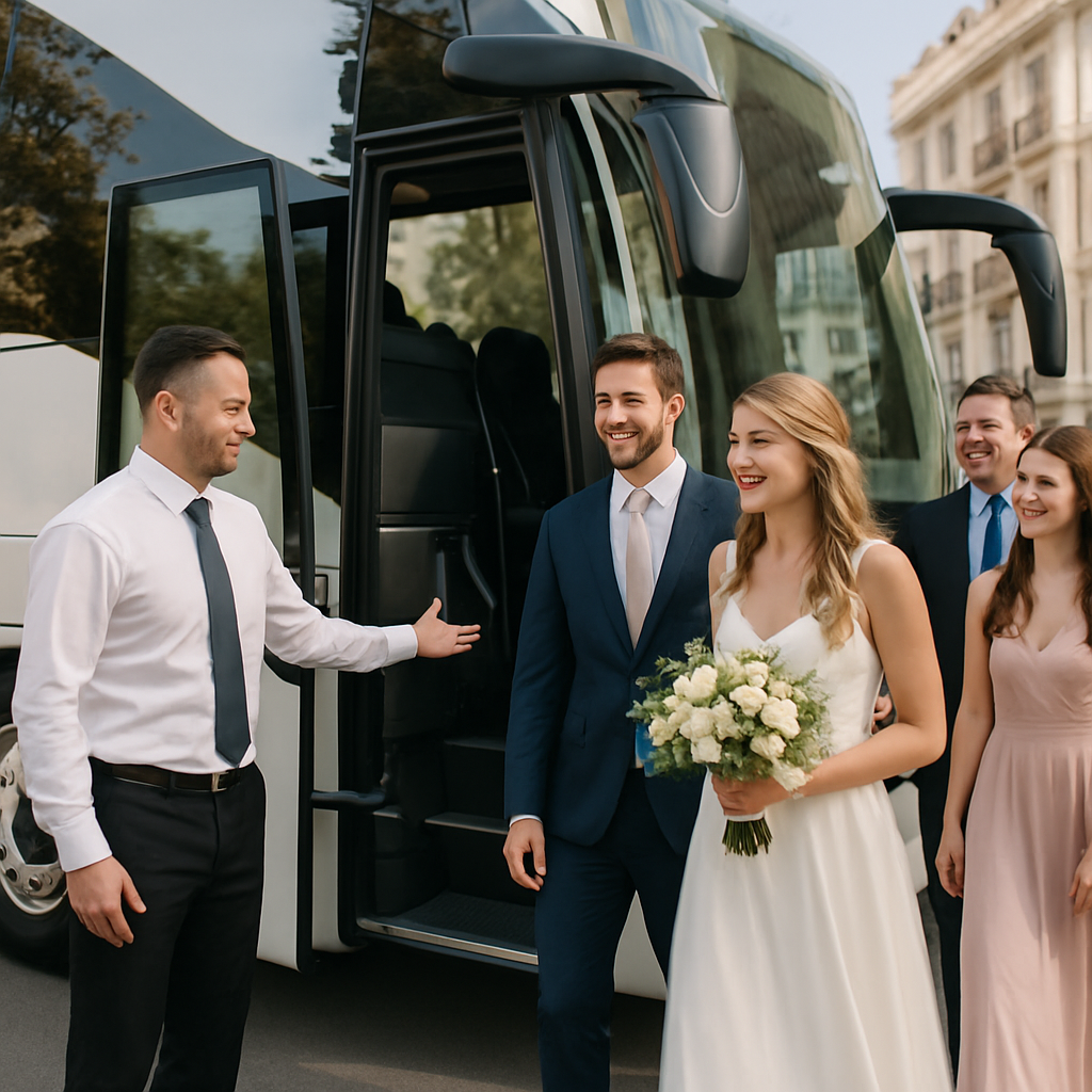A friendly driver opening the door of a modern, spacious coach for a group of smiling guests, ready for a wedding convoy in Madrid. Alt: alquiler autocar con conductor Madrid – happy guests boarding a luxury coach