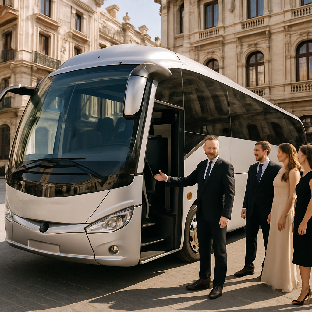 A sleek, climate‑controlled coach parked in front of a historic Madrid building, with a smiling driver opening the door for a group of elegantly dressed guests. Alt: alquiler autocar con conductor Madrid – modern coach ready for group transport in Madrid.