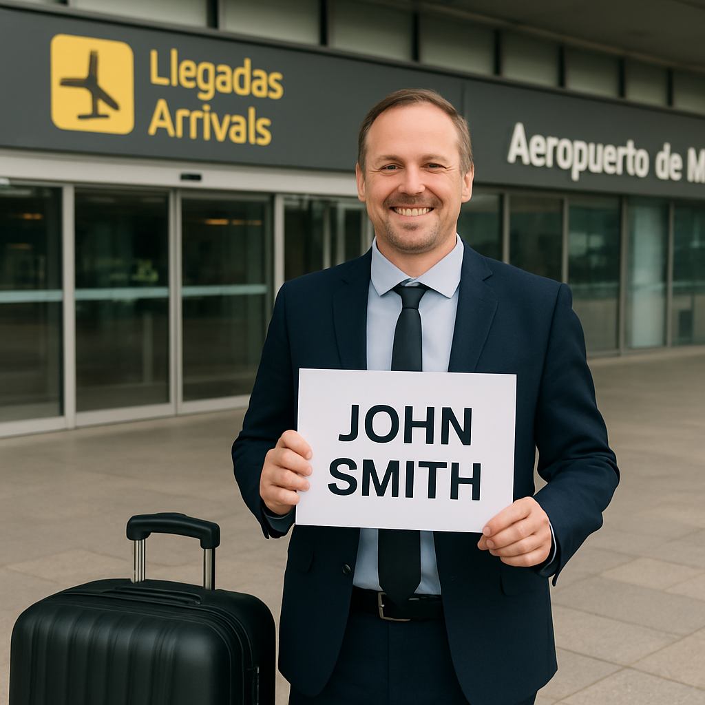 A friendly driver holding a sign with the passenger’s name in front of Madrid Barajas Airport arrivals hall. Alt: Madrid airport shuttle driver with name sign and luggage.