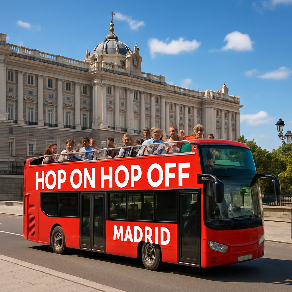 A vibrant scene of a modern hop‑on hop‑off bus gliding past the Royal Palace of Madrid, with tourists smiling on the upper deck. Alt: hop on hop off madrid bus panoramic view of Royal Palace