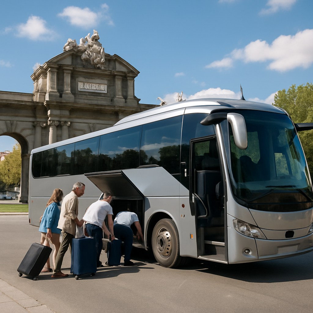 A sleek modern coach parked in front of a historic Madrid landmark, passengers loading luggage, sunny day. Alt: alquilar autobus en Madrid group transport scene.