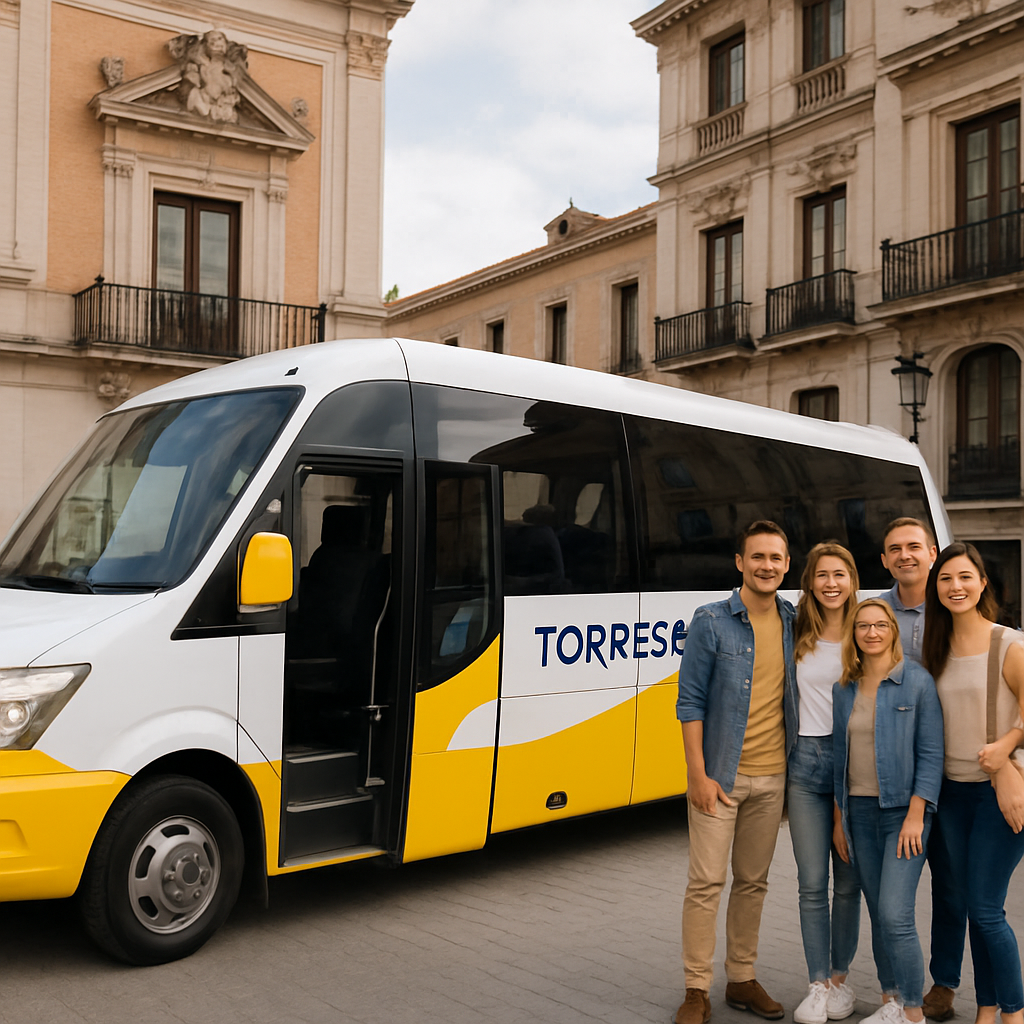 A bright, modern minibus parked outside a historic Madrid building, doors open for a group of smiling travelers. Alt: alquilar minibus en Madrid group transport with Torres Bus.