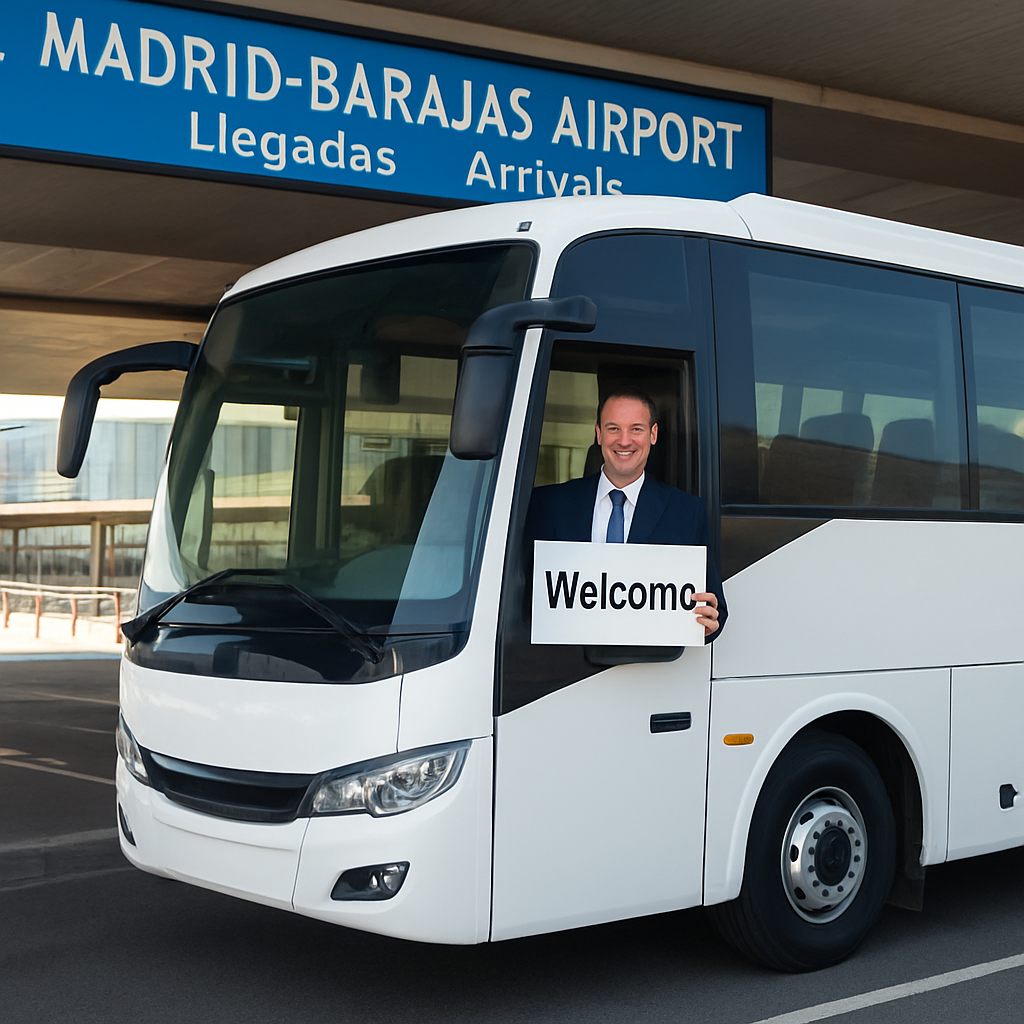 A modern shuttle bus pulling up to Madrid‑Barajas Airport arrivals area, with a smiling driver holding a sign that reads “Welcome”. Alt: shuttle to madrid airport comfortable group transport