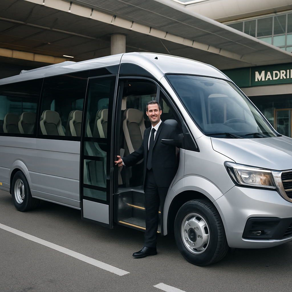 A modern minibus parked at a Madrid airport terminal, showing comfortable interior and a professional driver opening the door. Alt: Minibus hire with driver for group travel in Madrid.