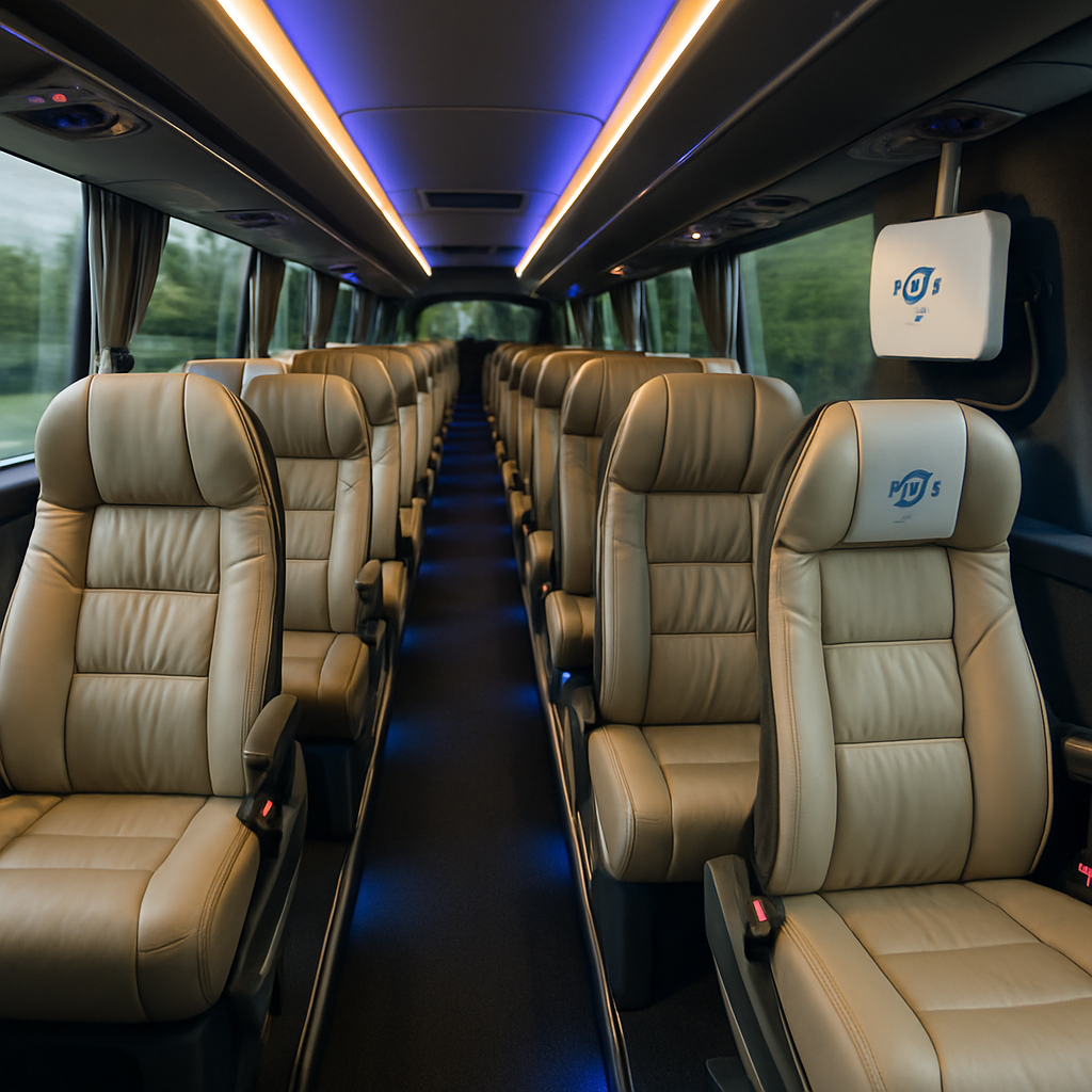 A sleek, modern coach interior with plush leather seats, ambient lighting, and visible Wi‑Fi router equipment. Alt: Inside view of a premium Madrid coach with Wi‑Fi and luxury amenities.