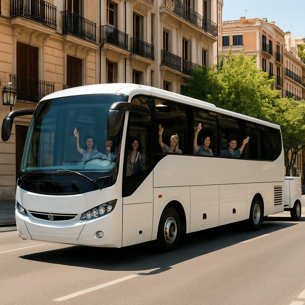 A sleek modern coach pulling a lockable luggage trailer through a sunny Madrid street, showing passengers waving from the windows. Alt: madrid coach with luggage trailer hire, group transport, luggage trailer loading