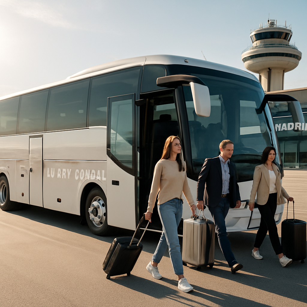 A modern luxury coach parked at Madrid Barajas Airport, doors open, passengers stepping out with suitcases, bright morning light, sleek branding visible. Alt: Airport transfer autocar Madrid