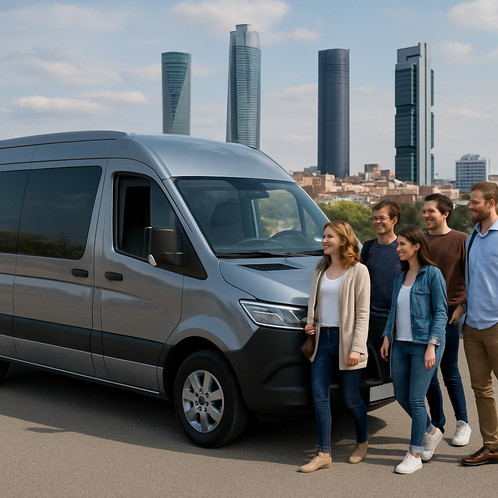 A sleek, modern minibus parked in front of Madrid’s iconic skyline, with a professional driver opening the door for a group of smiling travelers. Alt: alquiler minibus madrid con conductor group transport example