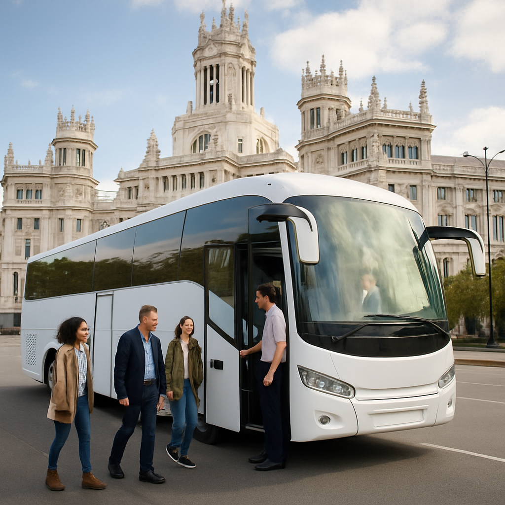 A modern coach parked in front of a historic Madrid landmark, with a group of smiling passengers loading, showcasing the variety of vehicle sizes available for charter. Alt: charter bus prices, vehicle size, group transport in Madrid