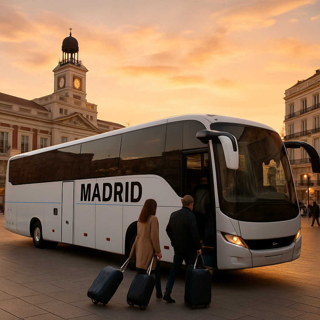 A sleek, modern Madrid coach parked near the Puerta del Sol, passengers boarding with luggage, sun setting in the background. Alt: Luxury coach hire in Madrid for group travel.
