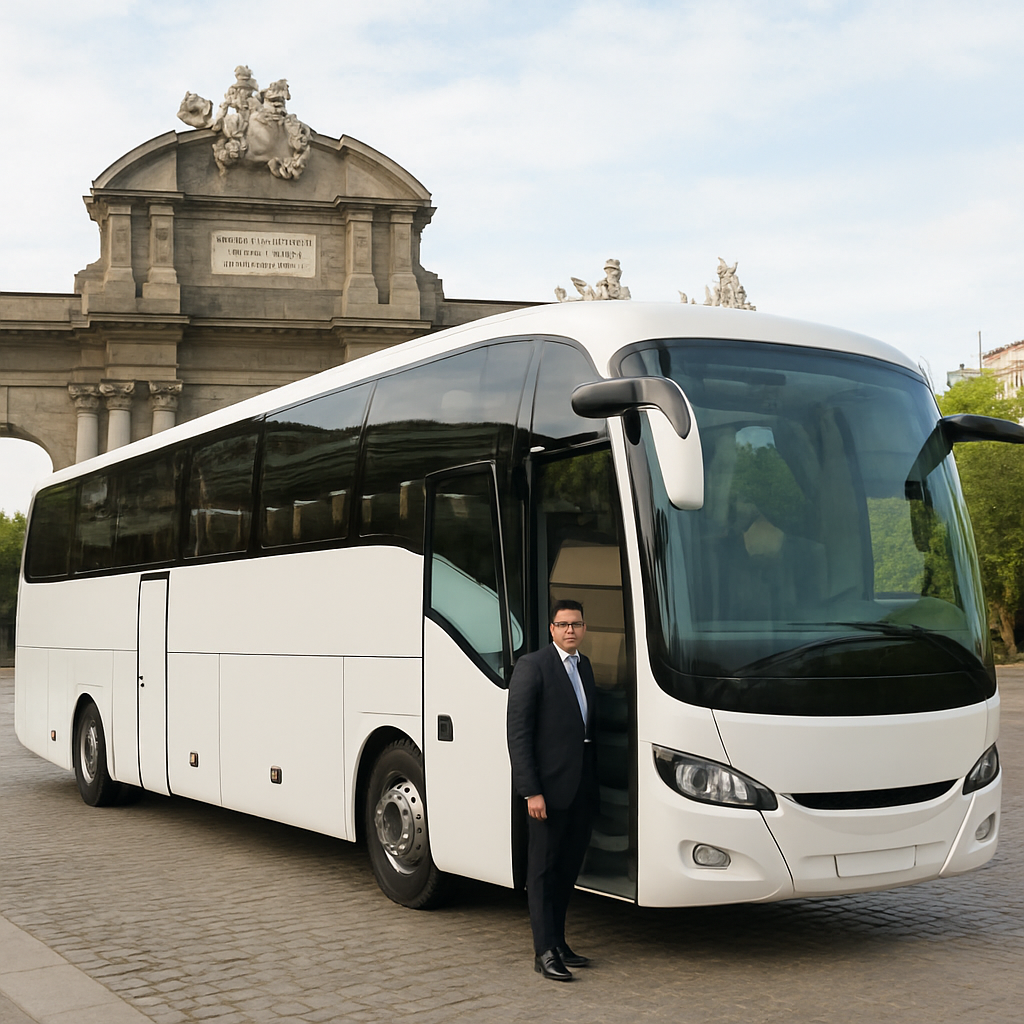 A modern Spanish coach parked in front of a historic landmark, showing spacious interior with comfortable seats and a friendly driver opening the door. Alt: coach hire in spain luxury bus interior and exterior view