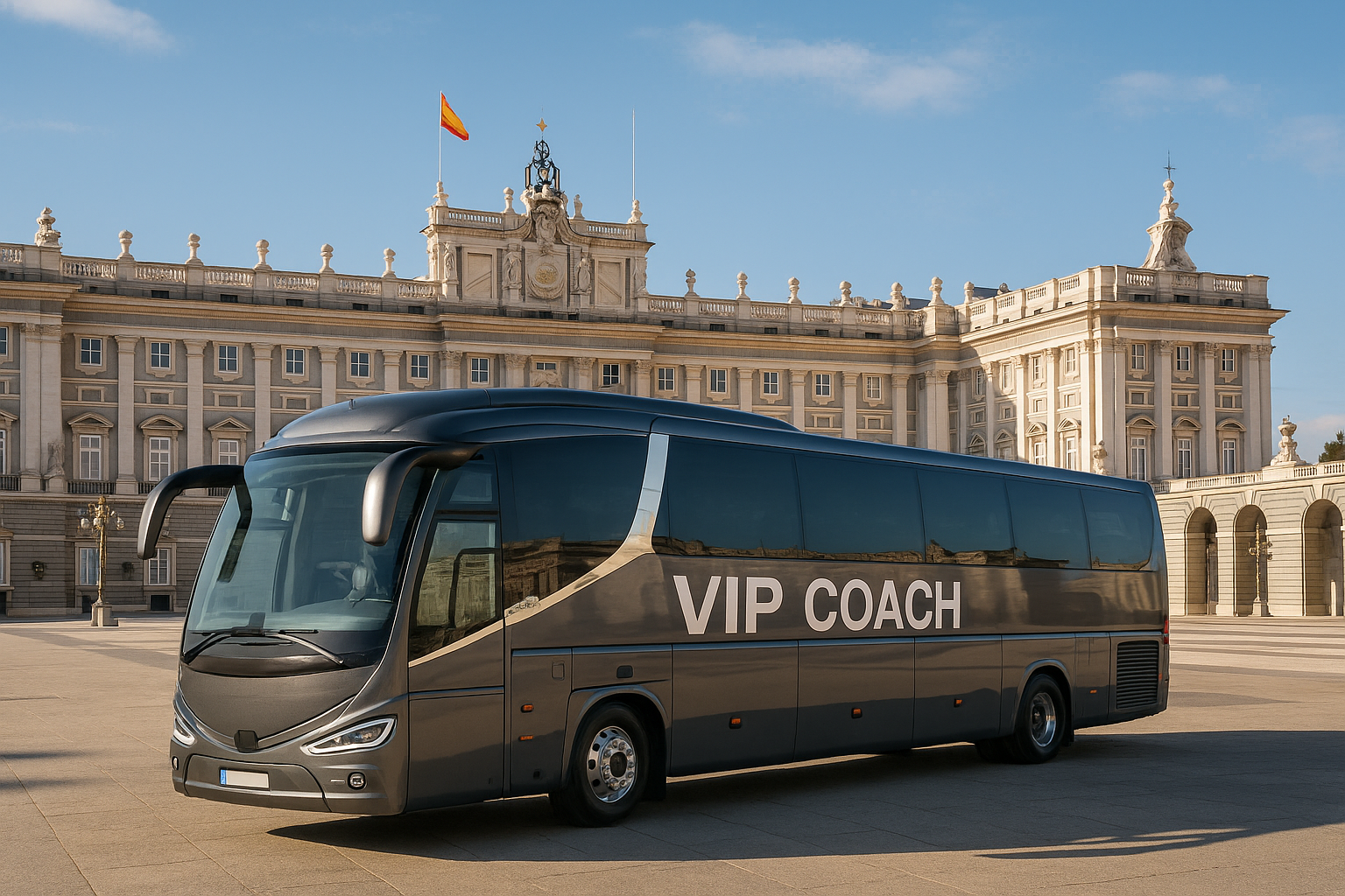 Modern VIP coach vehicle parked in front of Madrid’s Royal Palace. Alt: Luxury VIP coach hire Madrid with historic city background.