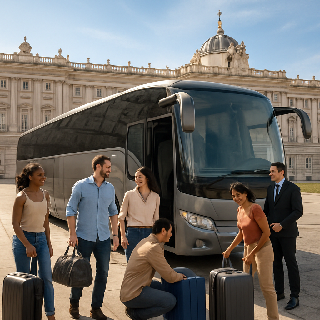 A sleek, modern coach parked beside the Royal Palace of Madrid, with a diverse group of smiling passengers loading luggage. Alt: "alquiler de autobus con conductor madrid – luxury coach ready for event transport"