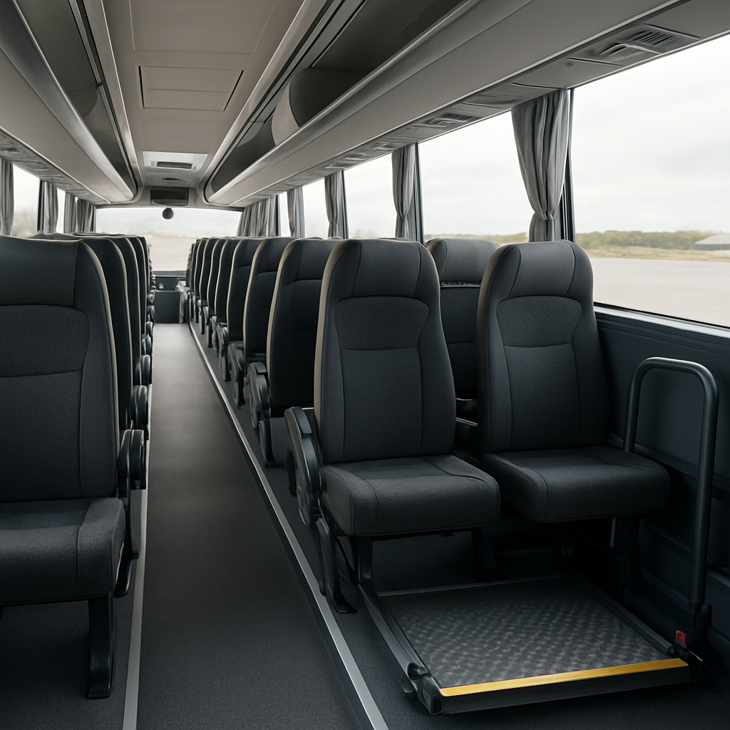 A sleek modern charter bus interior showing seat rows, luggage compartments, and a wheelchair ramp. Alt: “Charter bus interior layout with wheelchair access and luggage space.”
