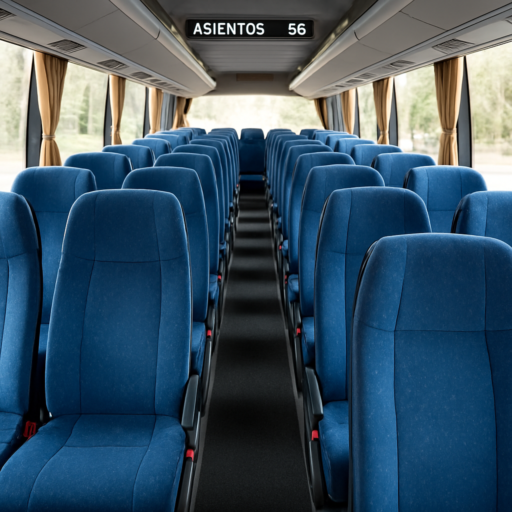 A coach bus interior showing rows of seats with a clear seat count display. Alt: Coach bus seating capacity layout for Spanish travel.