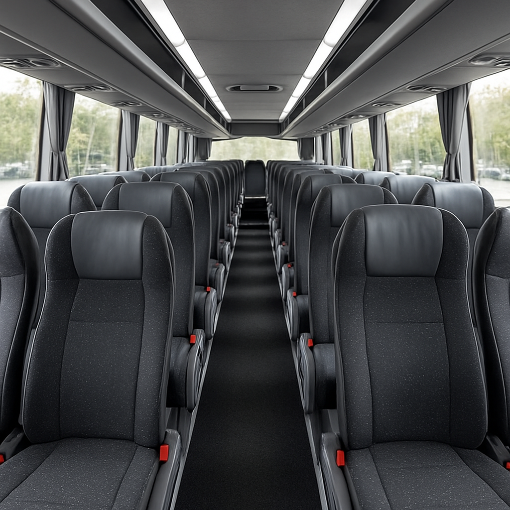 A modern coach bus interior showing rows of comfortable seats, with a clear view of the aisle and luggage compartment. Alt: coach bus seating configurations