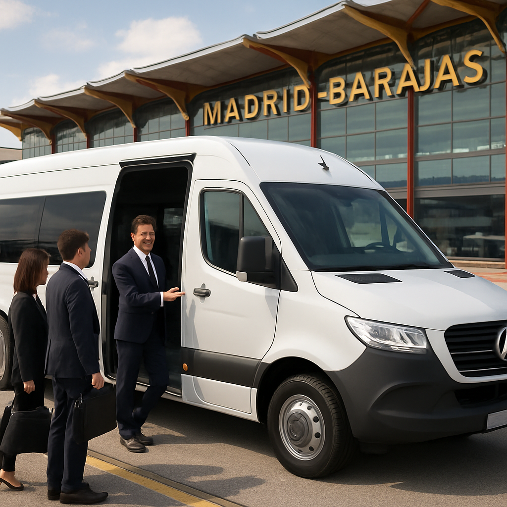 A modern minibus parked at Madrid-Barajas Airport with a friendly driver opening the door for a group of business travelers. Alt: private coach with driver Madrid airport transfer