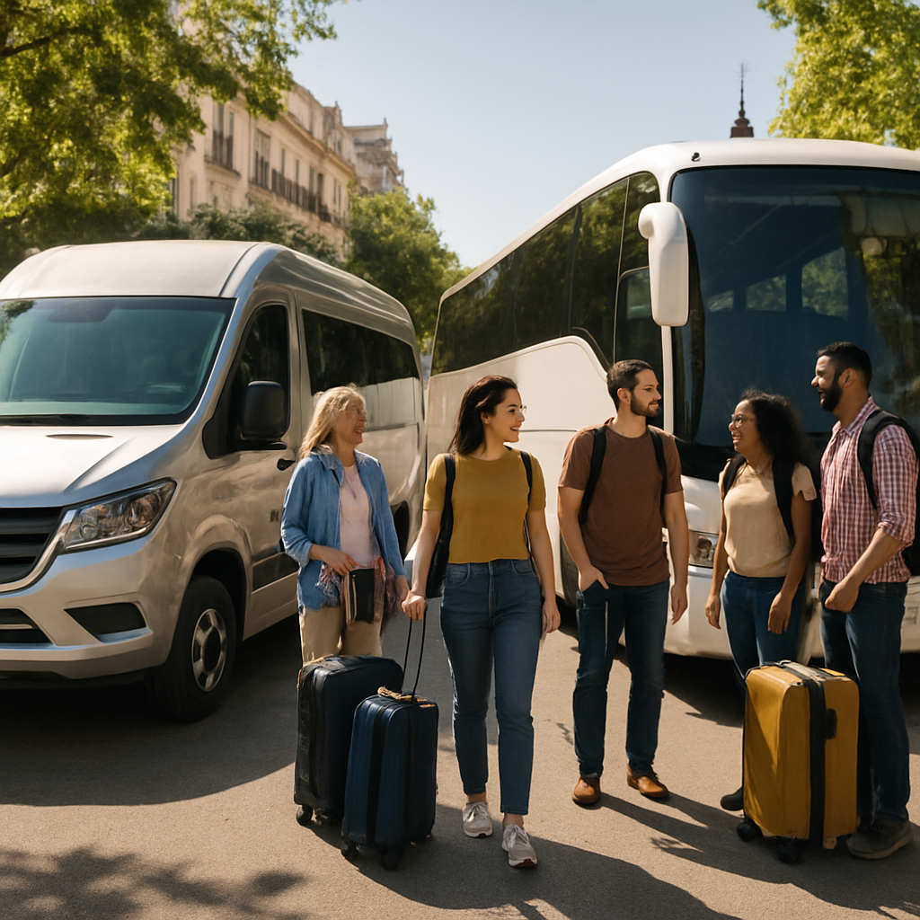 A modern minibus and a spacious coach parked side by side on a sunny Madrid street, with a diverse group of travelers loading luggage and chatting. Alt: Choosing between a minibus and coach for group travel in Madrid – size and comfort comparison.