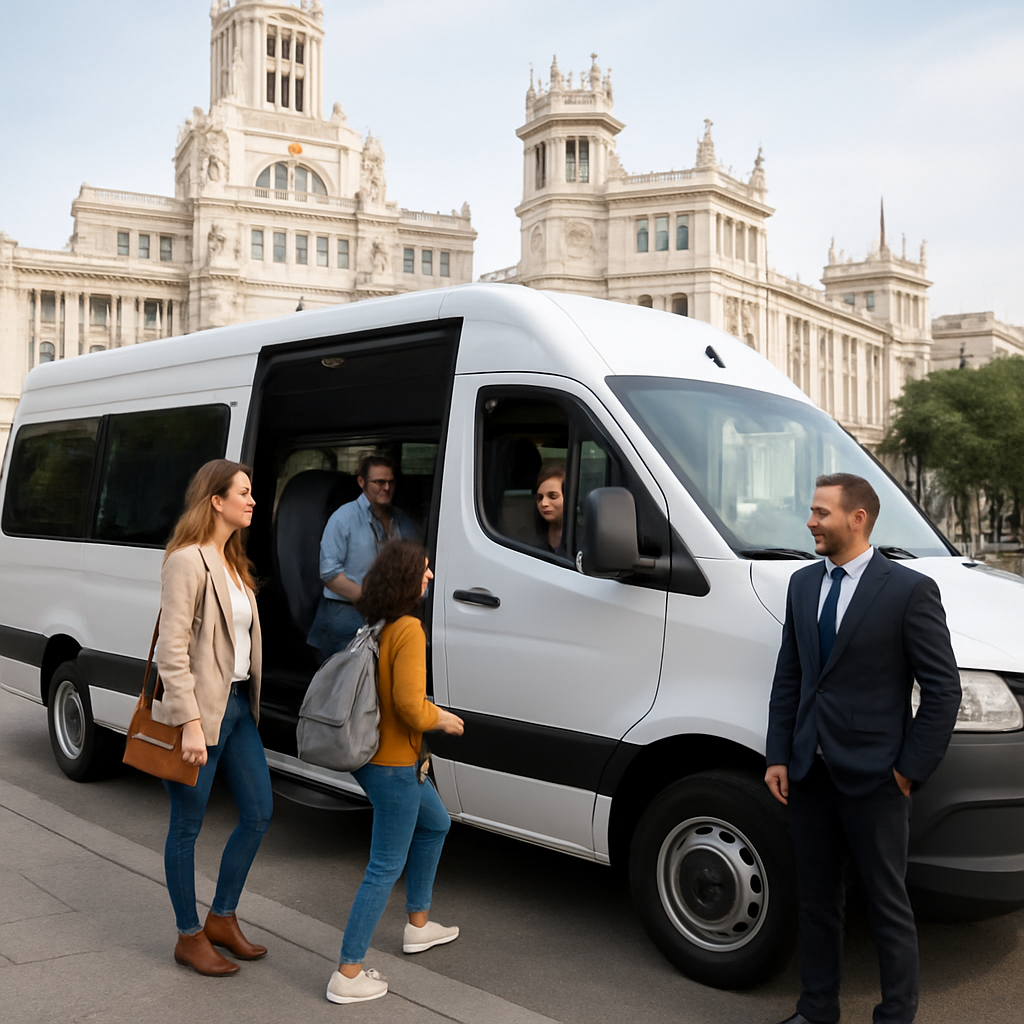 A modern minibus parked in front of a historic Madrid landmark, with smiling passengers loading, showcasing comfortable interior and spacious seating. Alt: hire a bus with driver for group transport in Madrid