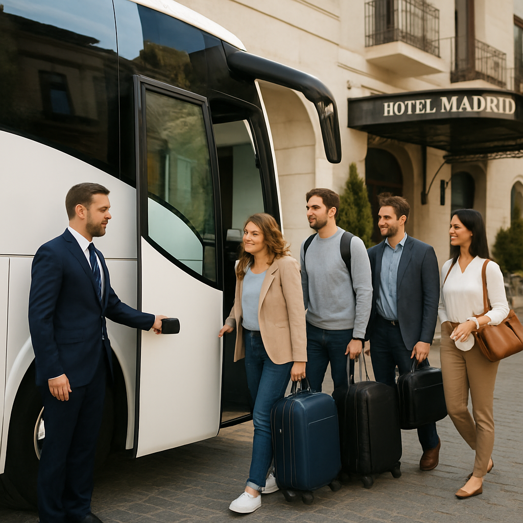 A friendly driver opening the door of a modern coach at a Madrid hotel, showing happy attendees boarding with luggage and exhibition materials. Alt: Group transportation for IFEMA attendees in Madrid, comfortable coach boarding scene.