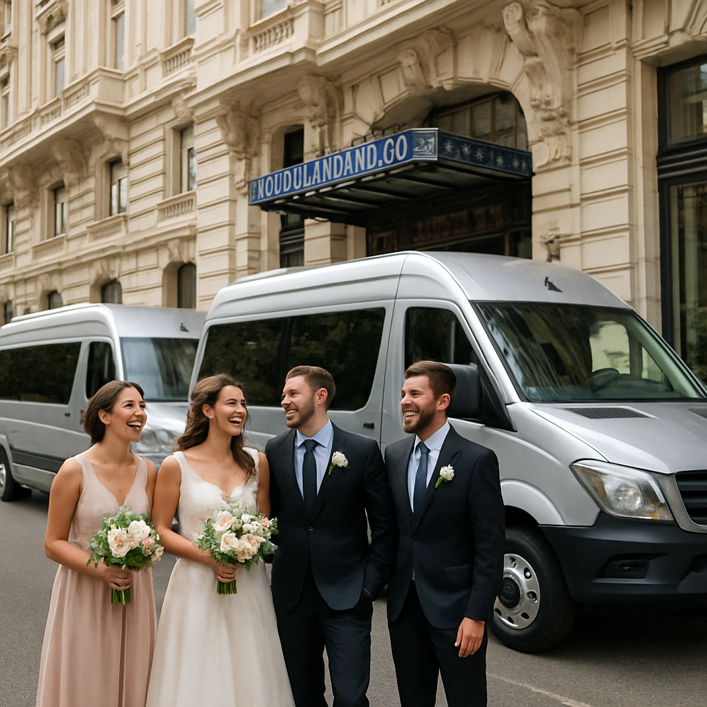 A sleek, modern minibuses lined up outside a historic Madrid hotel, with wedding guests laughing and holding bouquets. Alt: wedding shuttle Madrid guest transport luxury minibuses