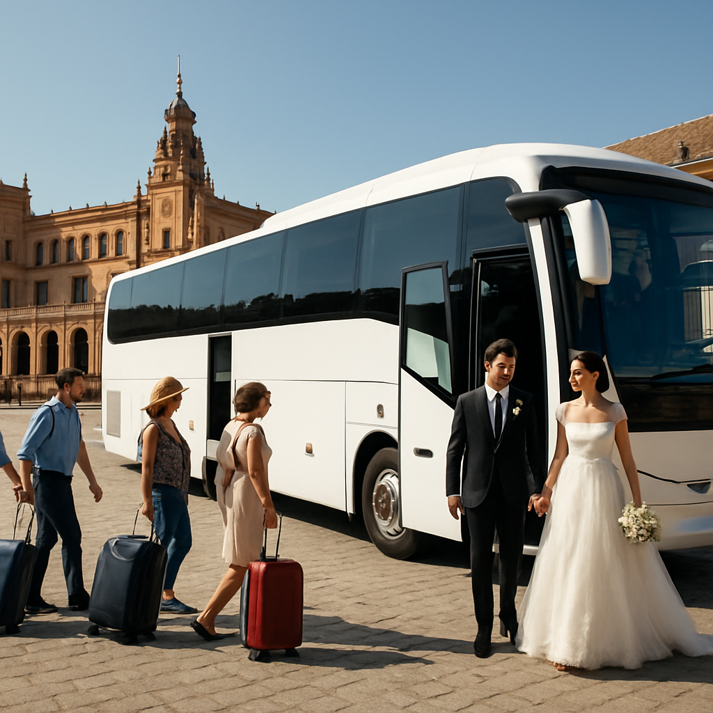A modern coach parked in front of a historic Spanish landmark, showing happy passengers boarding with luggage and a wedding couple stepping out. Alt: Rent a bus Spain – group travel with comfortable coach for events and tours