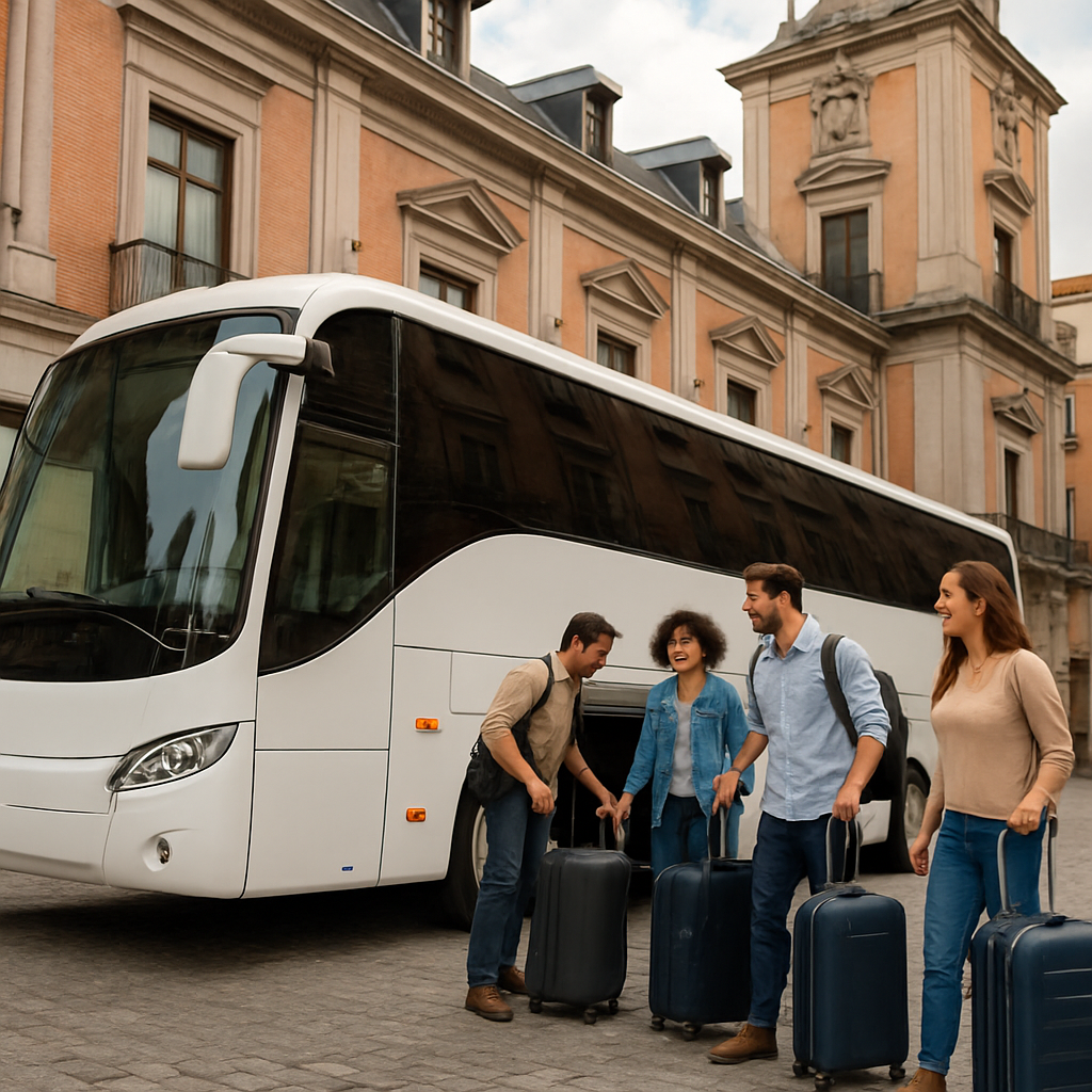 A modern charter bus parked outside a historic Madrid building, with a group of smiling travelers loading luggage. Alt: Define travel requirements for charter bus rental, group size, itinerary, special needs.