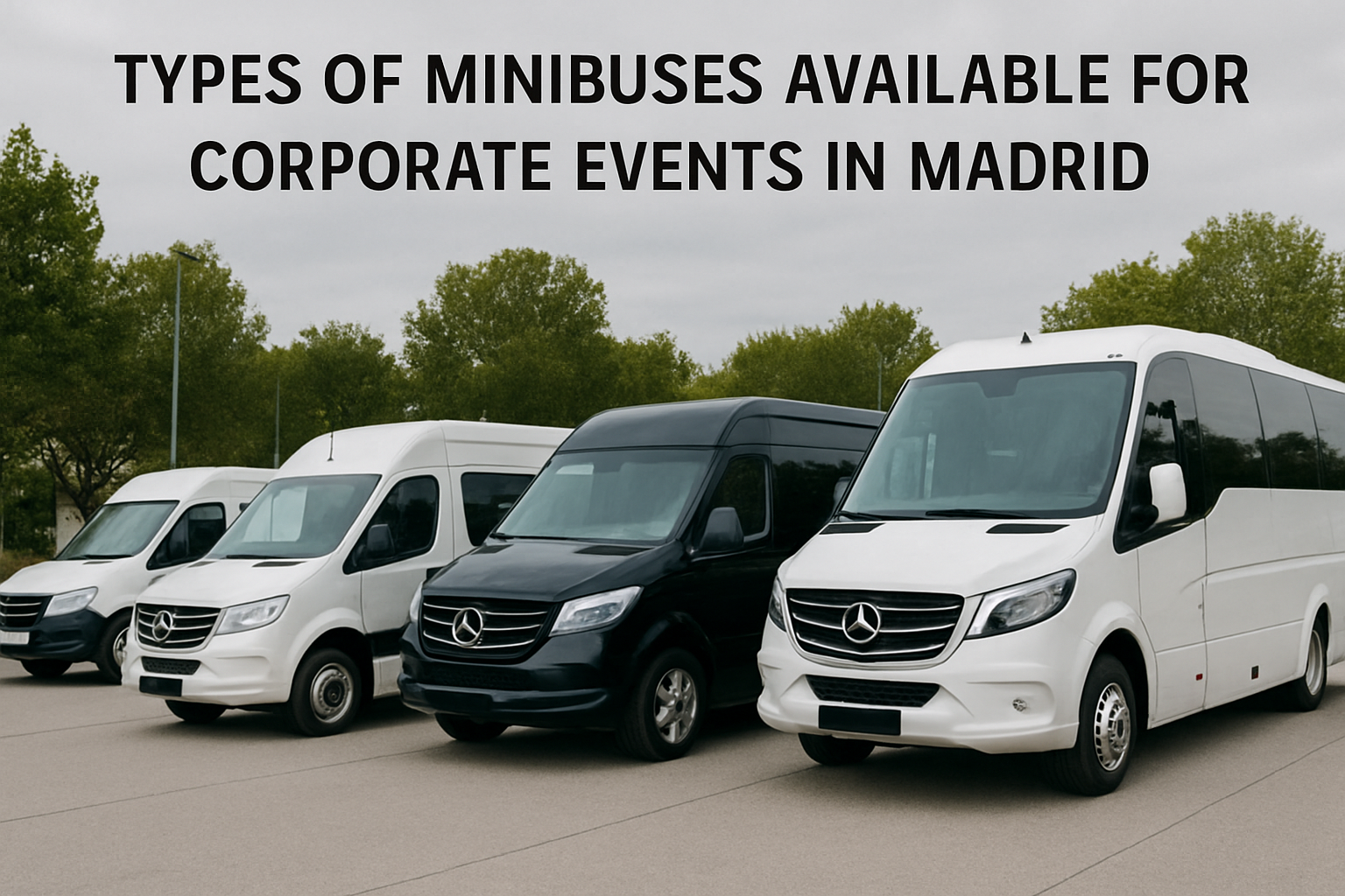 An overview of different sizes and luxury options of minibuses for corporate events in Madrid. Alt: Types of minibuses available for corporate events in Madrid.