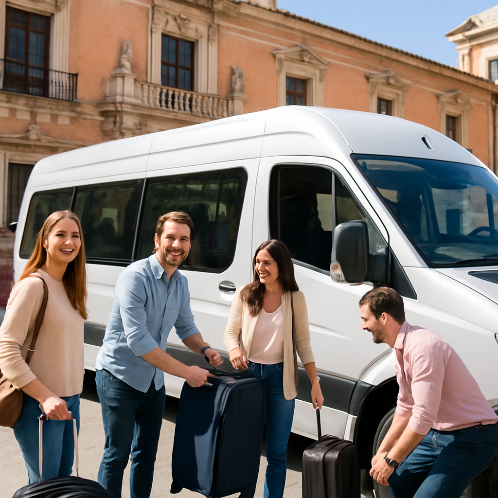 A modern minibus parked in front of a historic Madrid building, passengers loading luggage and smiling, bright daylight. Alt: minibus hire Madrid group travel