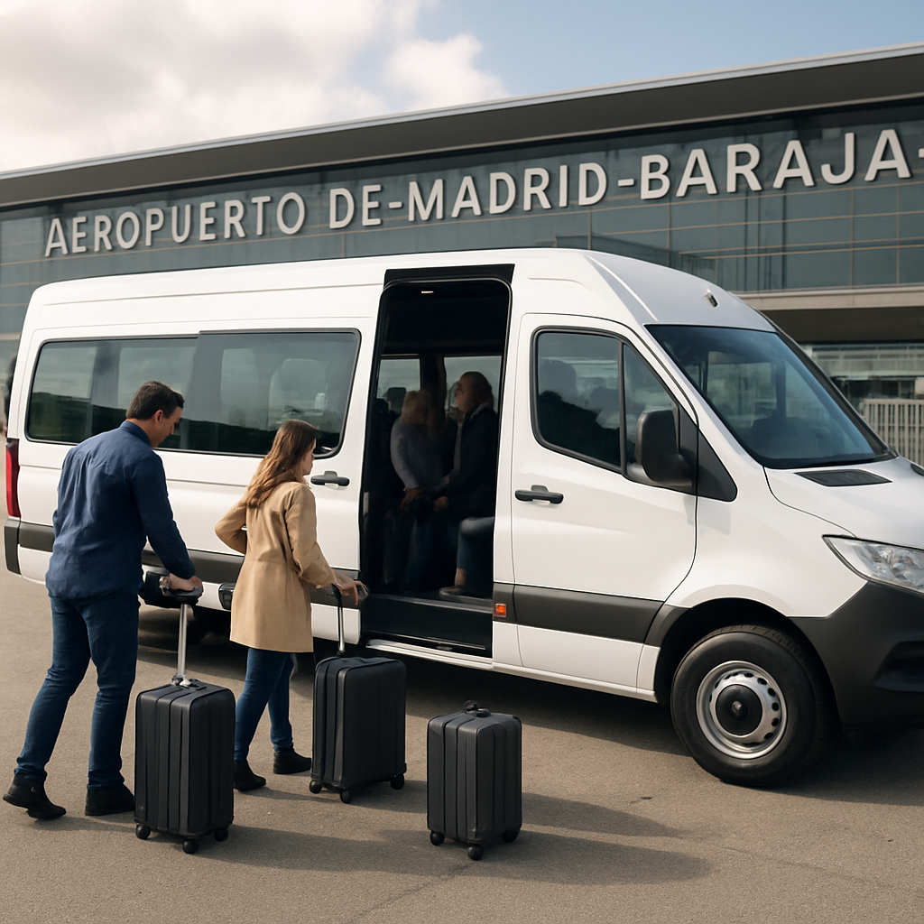 A modern 16‑seat minibus parked outside Madrid‑Barajas Airport with passengers loading luggage. Alt: Madrid airport transfer for 15 people with luggage – spacious minibus interior and cargo area.