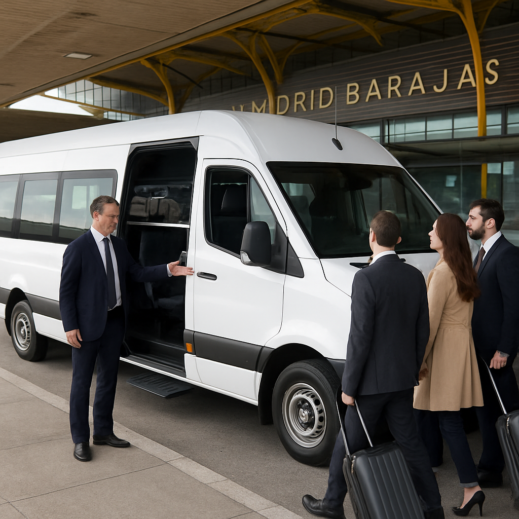 A modern 20‑seat minibus parked at Madrid‑Barajas Airport, doors open, luggage racks loaded, driver greeting a group of business travelers. Alt: Madrid airport transfer for 20 people in a comfortable minibus