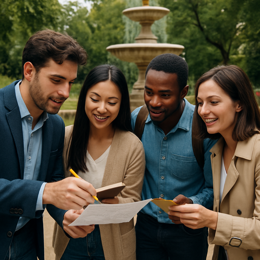 A group of colleagues solving clues in a lush garden setting of Retiro Park, with a historic fountain in the background. Alt: Outdoor escape games in Retiro Park for team building