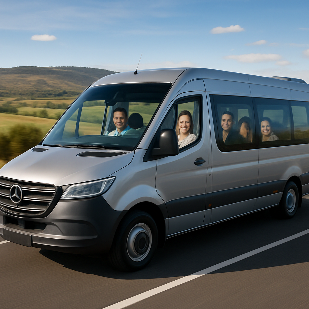 A sleek, modern minibus cruising along the highway from Madrid to Segovia, with rolling hills in the background and passengers smiling inside. Alt: Comfortable minibus ride Madrid to Segovia bus service