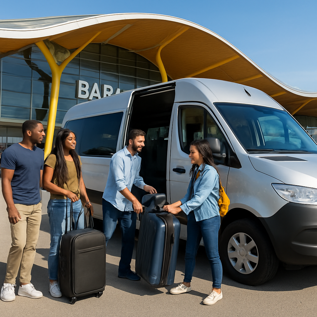 A modern minibus parked in front of Madrid Barajas Airport with passengers loading luggage, bright daylight, diverse group of travelers smiling. Alt: minibus hire madrid airport vehicle size options showing comfortable seating and luggage space